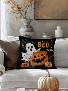 1 件幽灵与南瓜图案柔软装饰抱枕套（无内芯），单面印花，适用于卧室、客厅、沙发、派对装饰 - 彩色 - 查看 1