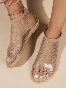 Women's Sandals Rhinestone Embellished Shiny Mesh Flat Sandals, Golden For Summer Vacation - Gold - View 5