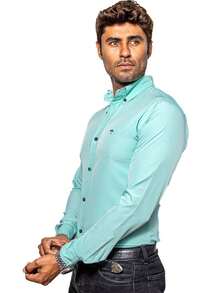 Camisa Hombre Casual Slim Fit Azul Menta Lisa - Azul menta - Ver 5