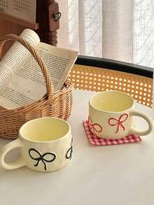 1pc Ceramic Mug With Bow Design, Cream Color, Fashionable Couple Mug, Gift Box Set, Birthday Gift - Multicolor - View 3