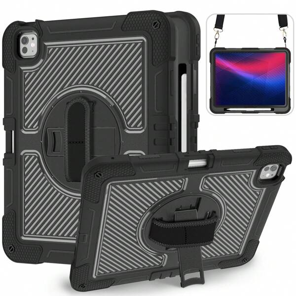 Funda protectora de tableta de silicona de Apple + PC con soporte giratorio a 360°, correa de mano, correa para el hombro y cubierta protectora de tableta resistente a caídas
