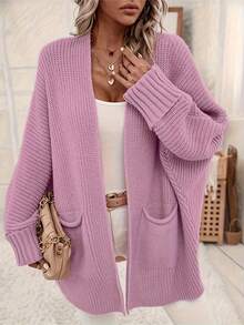 Women Plain Minimalist Knitted Long Sleeve Cardigan - Dusty Pink - View 6