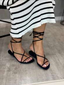 Sandal Rasteirinha Amarraçao Party Elegant Delicate Casual Foreign Fashion Thin - 黑色 - 查看 4