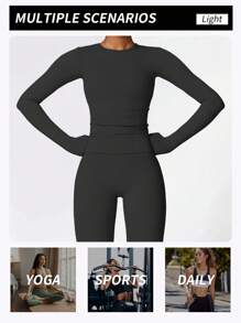 Yefecy 2/4 Counts Women's Solid Round Neck Tee &High Waist Leggings Tracksuit Set, Sporty Comfy T-Shirt & Skinny Pants For Yoga Gym Workout,Ladies Summer Back To School Sportswear,Women's Tracksuits, Downtown Girl Outfit Spring And Summer Style - màu đen - Xem 4