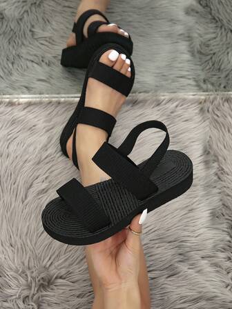 女士编织底坡跟凉鞋，夏季海滩丝瓜草拖鞋，黑色