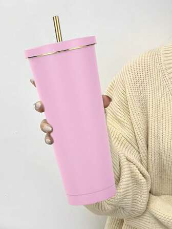 1pc Light Pink Stainless Steel Vacuum Insulated Tumbler With Straw, Large Capacity Thermal Coffee Cup, Portable Travel Mug Water Bottle
