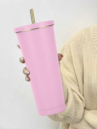 1pc Light Pink Stainless Steel Vacuum Insulated Tumbler With Straw, Large Capacity Thermal Coffee Cup, Portable Travel Mug Water Bottle