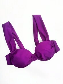 New Solid Color Soft Cup Steel Wide Strap Buckle-Back Bikini Set, Summer Beach Folded Tie-Front Pants Sexy Ladies Swimming Suit Set Vacation - Purple - View 3