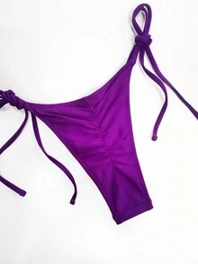 New Solid Color Soft Cup Steel Wide Strap Buckle-Back Bikini Set, Summer Beach Folded Tie-Front Pants Sexy Ladies Swimming Suit Set Vacation - Purple - View 5