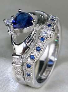 1 件时尚银色情侣戒指适合可爱女士蓝/白锆石心形戒指套装复古不锈钢男士戒指情人节礼物订婚结婚戒指 - 男士戒指 - 查看 9