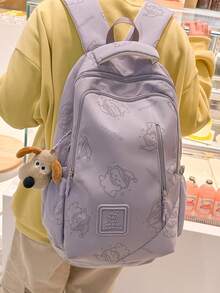 1 件紫色尼龙休闲学院风卡通印花大容量可折叠防水多口袋拉链背包（不含配件），适合青少年、学生、毕业生、日常上学、通勤、购物、旅行 - 返校礼物 - 紫色 - 查看 3