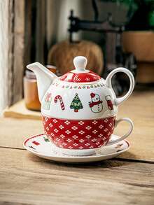 1 Set Christmas Theme Ceramic Teapot Set With Tea Cup & Saucer, Holiday Gift Party Tableware - Multicolor - View 2