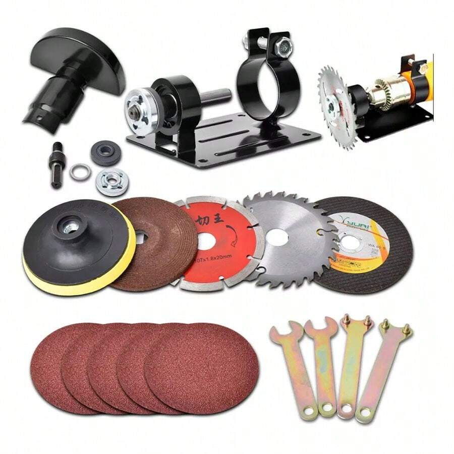 MOLOLAN 21 Piezas Kit de Amoladora Angular Eléctrica,Kit convertidor de amoladora angular para taladro eléctrico, (Base para taladro,Guarda protectora Bandeja de area,Disco de desbaste de metal,Disco de corte de metal ,Disco de corte diamantado,Disco de corte de madera,Biela,Llave,Papel de lija) - Rectificadora Multifuncional de Metal, Accesorios Completos para Cortar Pulir Bricolaje Madera Metal Cerámica - Negro - Ver 1