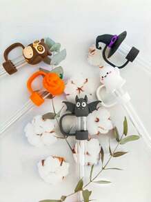 1/4pcs Silicone Straw Sleeves: Cute Ghost, Bat, Witch Hat And Pumpkin Designs - Fits 10mm Straw,Kitchen,Christmas Gift,School Supplies - Multicolor - View 5