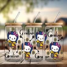 Sanrio 1 pieza Taza de vidrio de 16 onzas con tapa y pajita, con un adorable diseño de Hello Kitty, apta para té, jugo, café helado, gran regalo para niñas