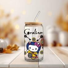 Sanrio 1 pieza Taza de vidrio de 16 onzas con tapa y pajita, con un adorable diseño de Hello Kitty, apta para té, jugo, café helado, gran regalo para niñas