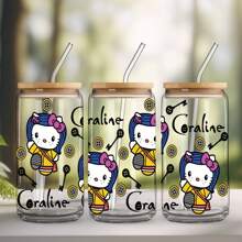 Sanrio 1 pieza Taza de vidrio de 16 onzas con tapa y pajita, con un adorable diseño de Hello Kitty, apta para té, jugo, café helado, gran regalo para niñas