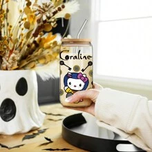 Sanrio 1 pieza Taza de vidrio de 16 onzas con tapa y pajita, con un adorable diseño de Hello Kitty, apta para té, jugo, café helado, gran regalo para niñas