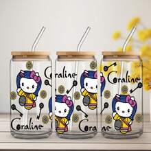 Sanrio 1 pieza Taza de vidrio de 16 onzas con tapa y pajita, con un adorable diseño de Hello Kitty, apta para té, jugo, café helado, gran regalo para niñas