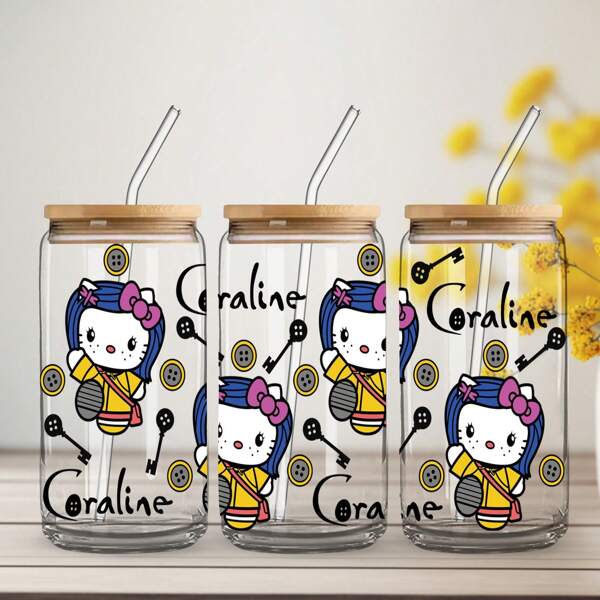 Sanrio 1 pieza Taza de vidrio de 16 onzas con tapa y pajita, con un adorable diseño de Hello Kitty, apta para té, jugo, café helado, gran regalo para niñas