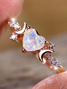 1 件时尚新款锆石心形蛋白石戒指，男女订婚礼物，适合朋友/家人/恋人 - 玫瑰金 - 查看 2