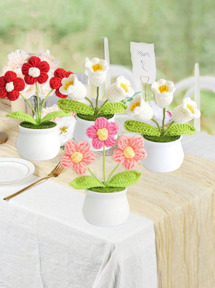 1件人造郁金香向日葵，钩针向日葵盆栽，迷你钩针盆栽向日葵，郁金香钩针盆栽植物，羊毛花盆植物装饰，手工编织成品人造花永生向日葵盆栽装饰 - 彩色 - 查看 5