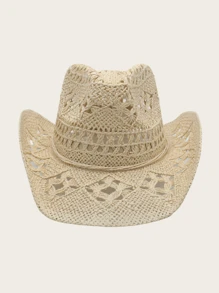 1 pieza Sombrero de paja estilo occidental vaquero hueco vintage elegante casual bohemio a cuadros unisex, sombrero de Panamá de protección solar de verano, sombrero de vaquera