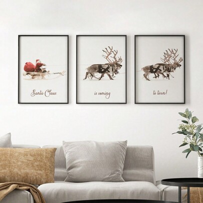 3pcs-Set Christmas Decorations Rustic Canvas Painting Father Christmas Comes To Town Poster Canvas Painting Father Christmas Sleigh And Reindeer Mural For Living Room Christmas Holiday Wall Decoration,Christmas Decoration Wall Art, Christmas Decoration Posters For Room Decoration, Best Christmas Gifts Birthday