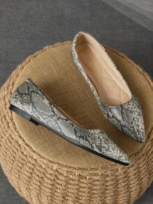 女士尖头平底一脚蹬蛇皮休闲乐福鞋，深灰色，适合春夏秋季 - 深灰色 - 查看 3