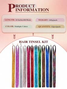 Kit de extensiones de cabello con brillos y lentejuelas, herramientas para extensiones de cabello tipo hada brillante, 12 raíces de extensiones de cabello holográfico de colores, kit de mechones de cabello con lentejuelas de 48 pulgadas - Multicolor - Ver 4