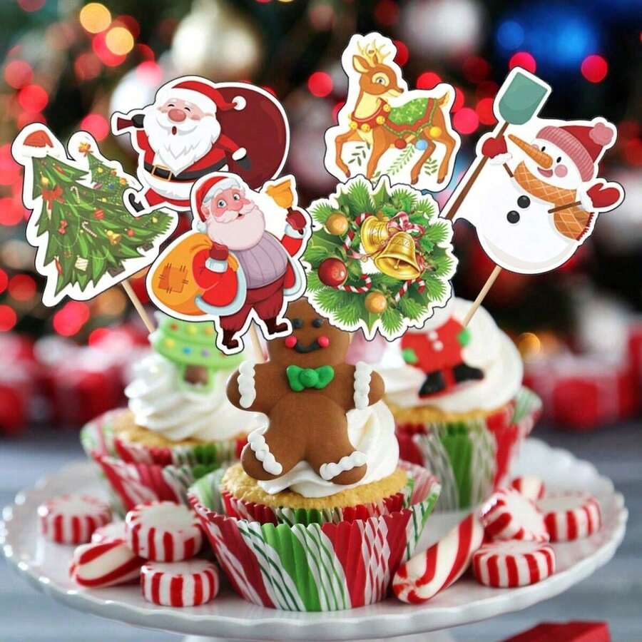 24 件圣诞主题纸杯蛋糕装饰 - 圣诞老人、圣诞树、雪人、驯鹿蛋糕装饰、DIY 蛋糕挑选旗帜，适用于圣诞节派对甜点装饰 - 彩色 - 查看 1