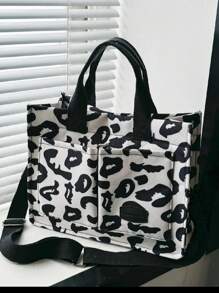 New Arrival Spring/Summer Floral & Polka Dot Print Vacation Fashion Ladies Handbag, Computer Briefcase, Commuter Bag, Crossbody Bag, Simple Tote Bag, Large Capacity Multi-Pocket, Sweet Daily Tote Bag Valentines, Tote Bags For Students, Multiple Compartments, Perfect For Beach, School, Work & Daily Use - Black and White - View 4