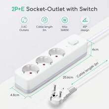 Aigostar Regleta Enchufes, Alargador Enchufe de 3 Enchufes con Interruptor, Cable de 3 Metros, Blanco - Enchufe EU Tipo F(220-240V) - Ver 2