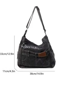 New Minimalist Denim Crescent Shoulder Hobo Bag With Welt Pockets, Letter Pattern Decoration Design, Lightweight Shoulder Bag With Adjustable Shoulder Strap, Casual Solid Color Messenger Bag, Tready Crescent Bag For Women, Old Washed Fabric, Street Denim Style, College Style Backpack