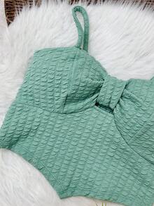 Women's Low-Cut Cropped Top With Padding And Thick Straps, Opening At The Bust, Bubble Material, Foreign Fashion - 橄欖綠 - 查看 2