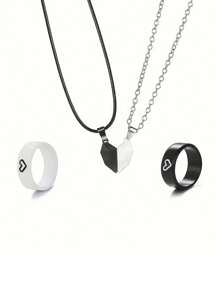 2 件戒指 + 2 件项链 - 极简主义风格珠宝，时尚的黑白心形设计，送给最好的朋友的完美礼物