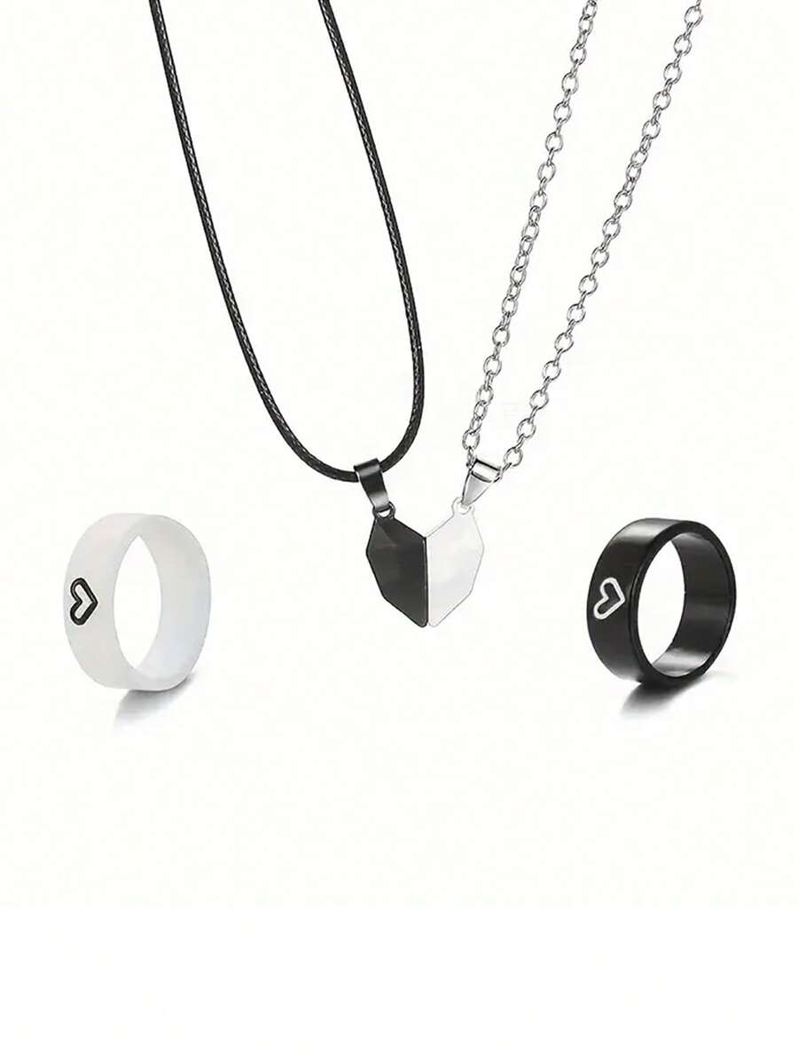 2 件戒指 + 2 件项链 - 极简主义风格珠宝，时尚的黑白心形设计，送给最好的朋友的完美礼物