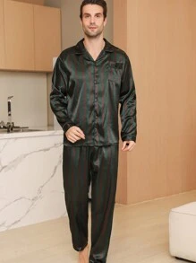 Two Pieces Sets Men's Satin Vertical Stripe Printed Silk Pocket Long Sleeved Top & Pants Sleepwear Set Suitable For All Seasons, Fall Clothes