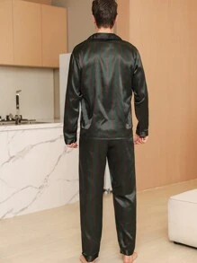 Two Pieces Sets Men's Satin Vertical Stripe Printed Silk Pocket Long Sleeved Top & Pants Sleepwear Set Suitable For All Seasons, Fall Clothes