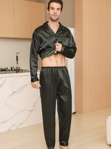 Two Pieces Sets Men's Satin Vertical Stripe Printed Silk Pocket Long Sleeved Top & Pants Sleepwear Set Suitable For All Seasons, Fall Clothes