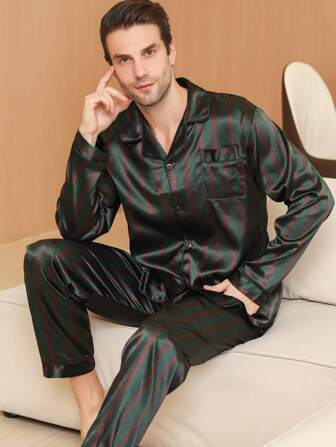Two Pieces Sets Men's Satin Vertical Stripe Printed Silk Pocket Long Sleeved Top & Pants Sleepwear Set Suitable For All Seasons, Fall Winter Clothes