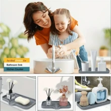 1 khay rửa chén bằng silicon, khay đựng xà phòng có đầu xả, dụng cụ cọ rửa bồn rửa mặt, miếng lót xả nước cho miếng bọt biển và xà phòng, đồ dùng nhà bếp và phòng tắm gia dụng (Xám-M/L) - Xám - Xem 11