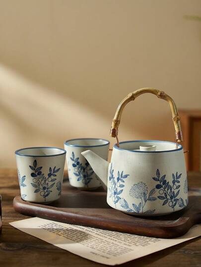 DearDali 1set 450ml Retro Japanese Style Handled Teapot, Hand-Painted Household Cold Water Teapot, Vintage Coarse Pottery Tea Cup Tea Set Back To School
