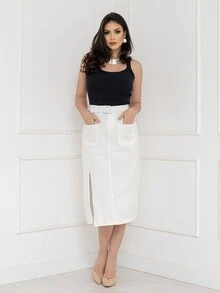 The Women's Imported Skirt Has Pockets, Hand-Woven Belts, Pockets Behind The Yoke. The Fabric Is More Comfortable. The Model Number Is PG165 - 白色 - 查看 2