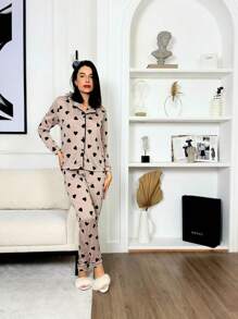 Women's American Pajamas For Adults, Cold Weather, Pants And Shirt, Breastfeeding, Buttons, Winter, Front Opening, Premium - 鏽棕色 - 查看 2