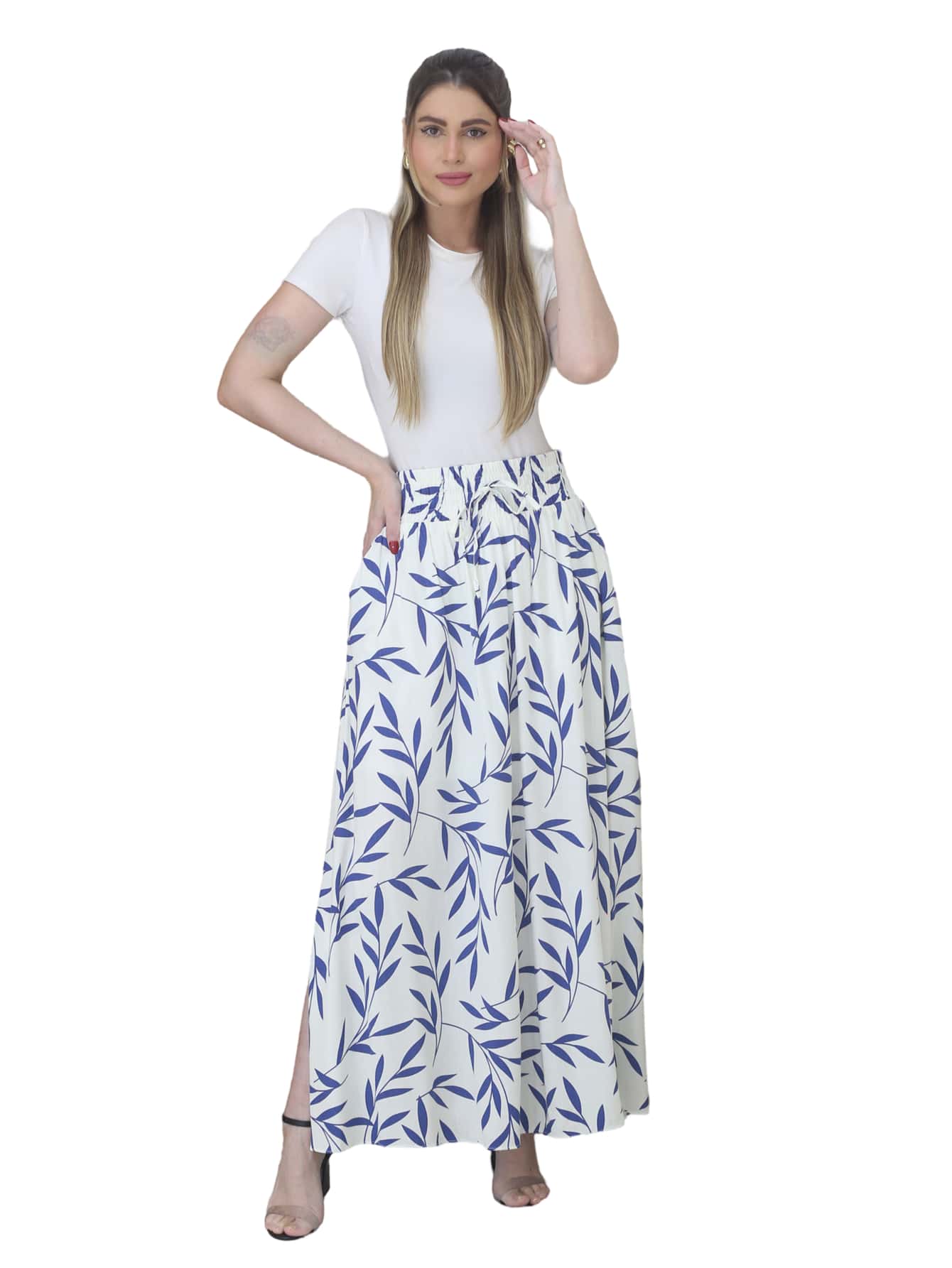 Steve Store Women's Fashion Viscolinho Fabric Skirt With Slit Sides - Medium Wash - View 1