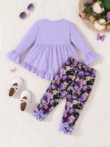 女婴紫色喇叭袖彼得潘领上衣和花朵印花裤，秋冬 - 紫色 - 查看 2