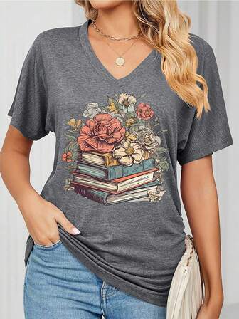 Women's Floral Print V-Neck Gray Short Sleeve Top