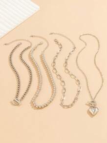 4pcs/Set Vintage Simple Flat Snake Chain Alloy Pendant OT Clasp Necklace Set, Adjustable Layering Necklaces For Daily Wear And Holiday Gifts - Silver - View 3