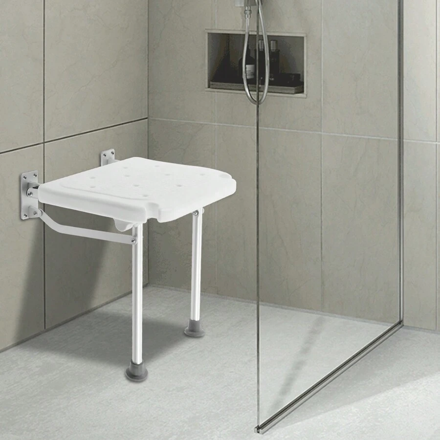 YUNRUX Folding Shower Seat For Wall Mounting, Bath Chair Shower Stool Folding Shower Seat For The Elderly, Pregnant Women, Disabled People Maximum Load 100 Kg, Foldable With Support Feet - 白色 - 查看 1